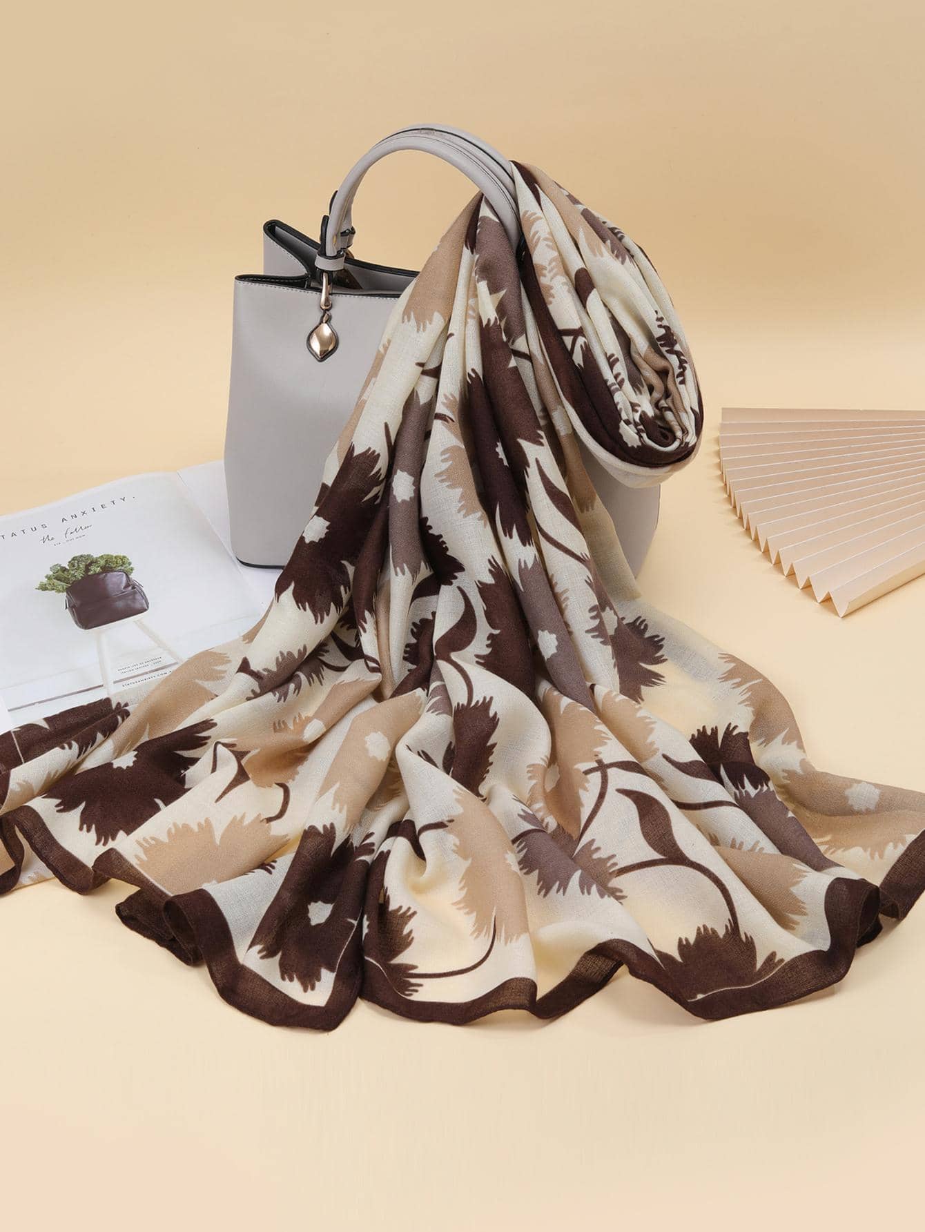 Elegant Floral Pattern Printed Shawl Scarf for Women Outdoor Walking and Shopping One Piece Khaki