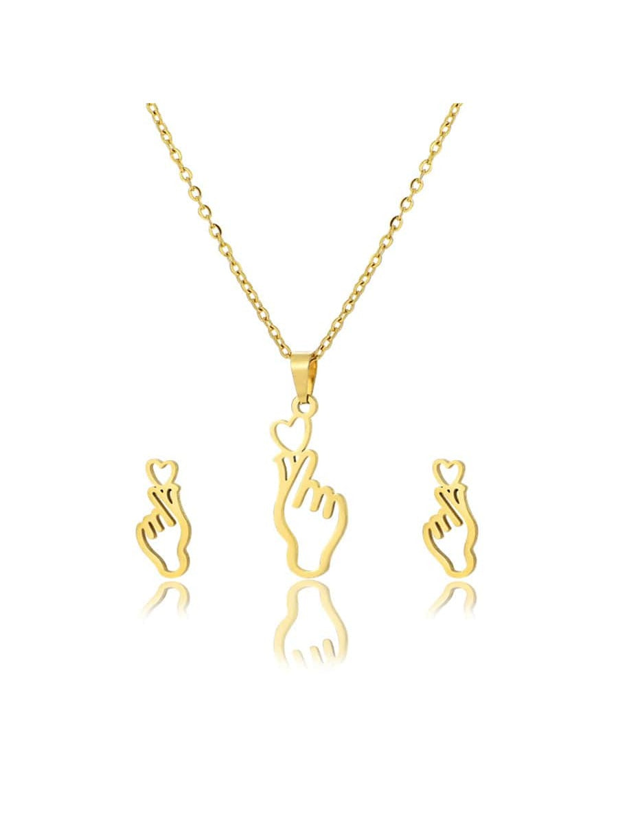Stainless Steel Finger Heart Necklace and Earrings European and American Style Minimalist Daily Wear Women's 3 Pieces/Set