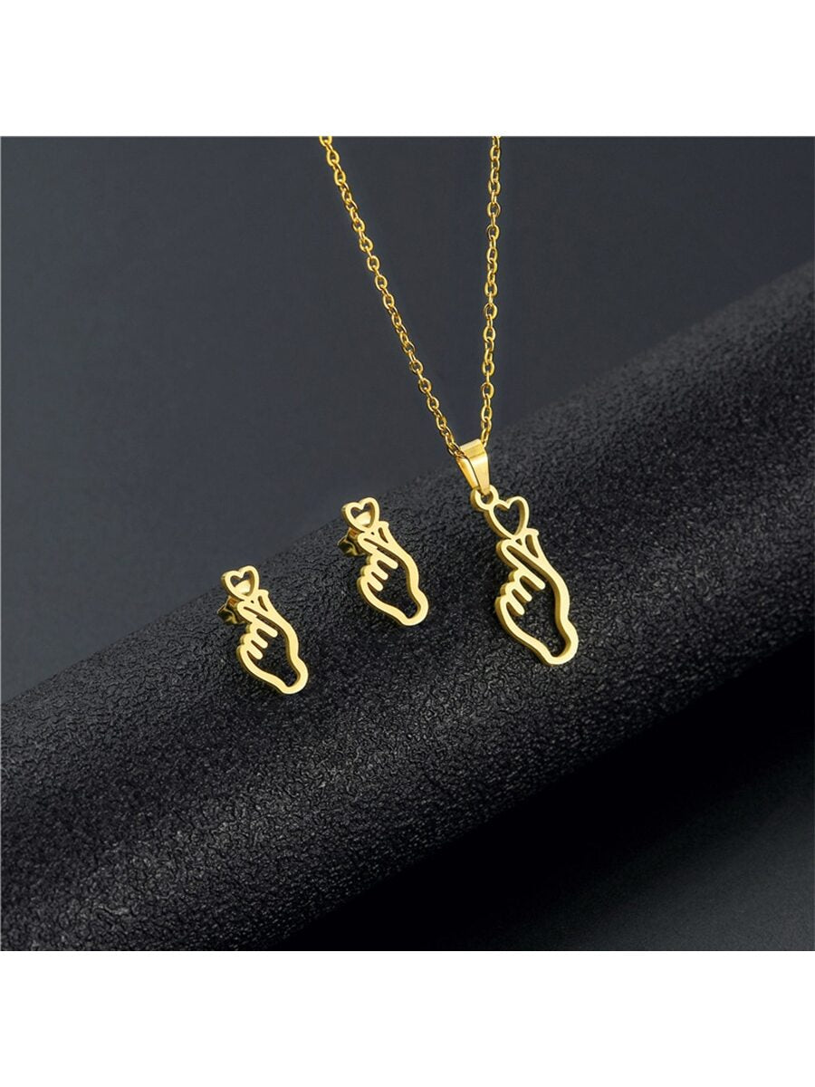 Stainless Steel Finger Heart Necklace and Earrings European and American Style Minimalist Daily Wear Women's 3 Pieces/Set