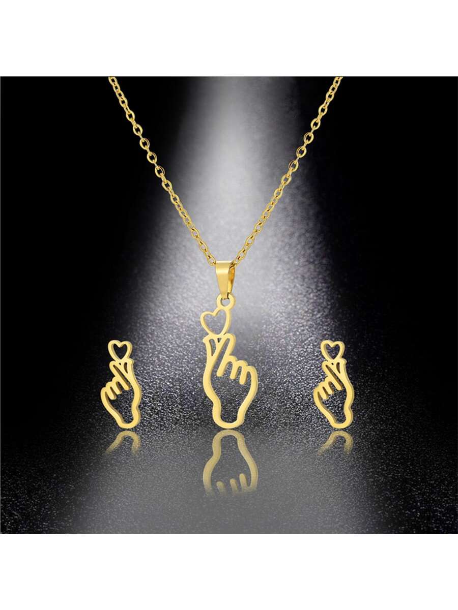 Stainless Steel Finger Heart Necklace and Earrings European and American Style Minimalist Daily Wear Women's 3 Pieces/Set