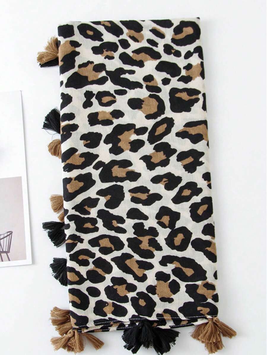Simple Bohemian Leopard Pattern Sun Protection Scarf for Women One Piece Fashion Silk Scarf with Tassels Accessories for Women