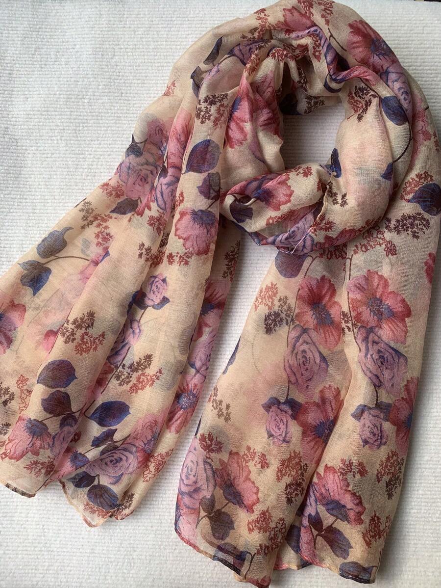 One Piece Chiffon Floral Print Balinese Long Scarf, Elegant Outdoor All Seasons, For Winter And Autumn