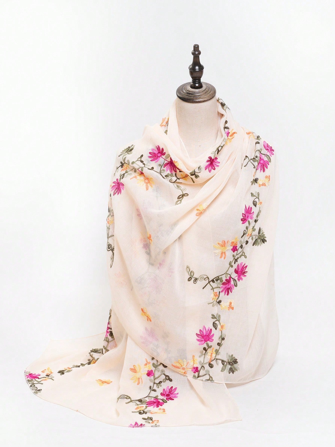 Spring/Summer Elegant Floral Embroidery Delicate Scarf/Shawl for Sun Protection, Daily Wear, Photography Beige