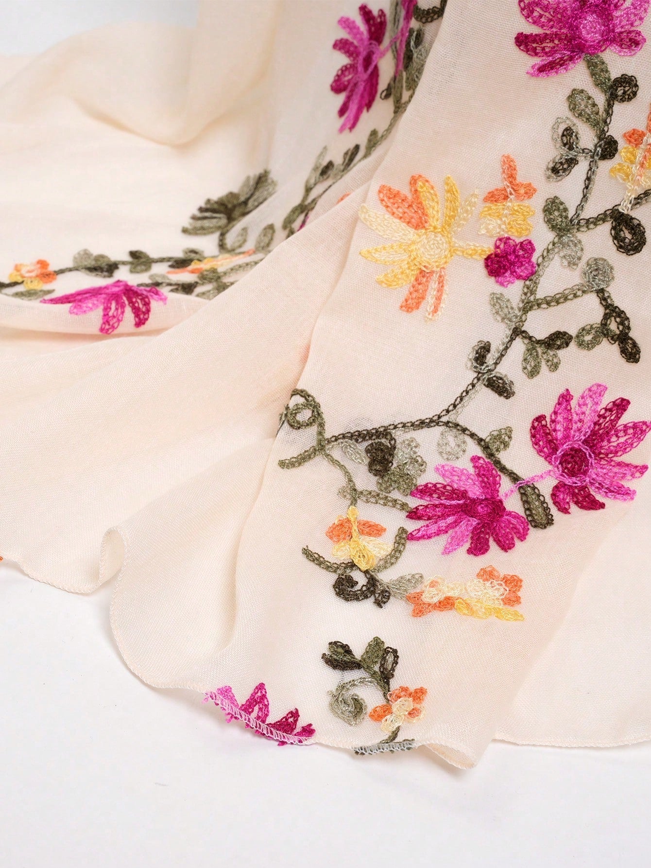 Spring/Summer Elegant Floral Embroidery Delicate Scarf/Shawl for Sun Protection, Daily Wear, Photography Beige