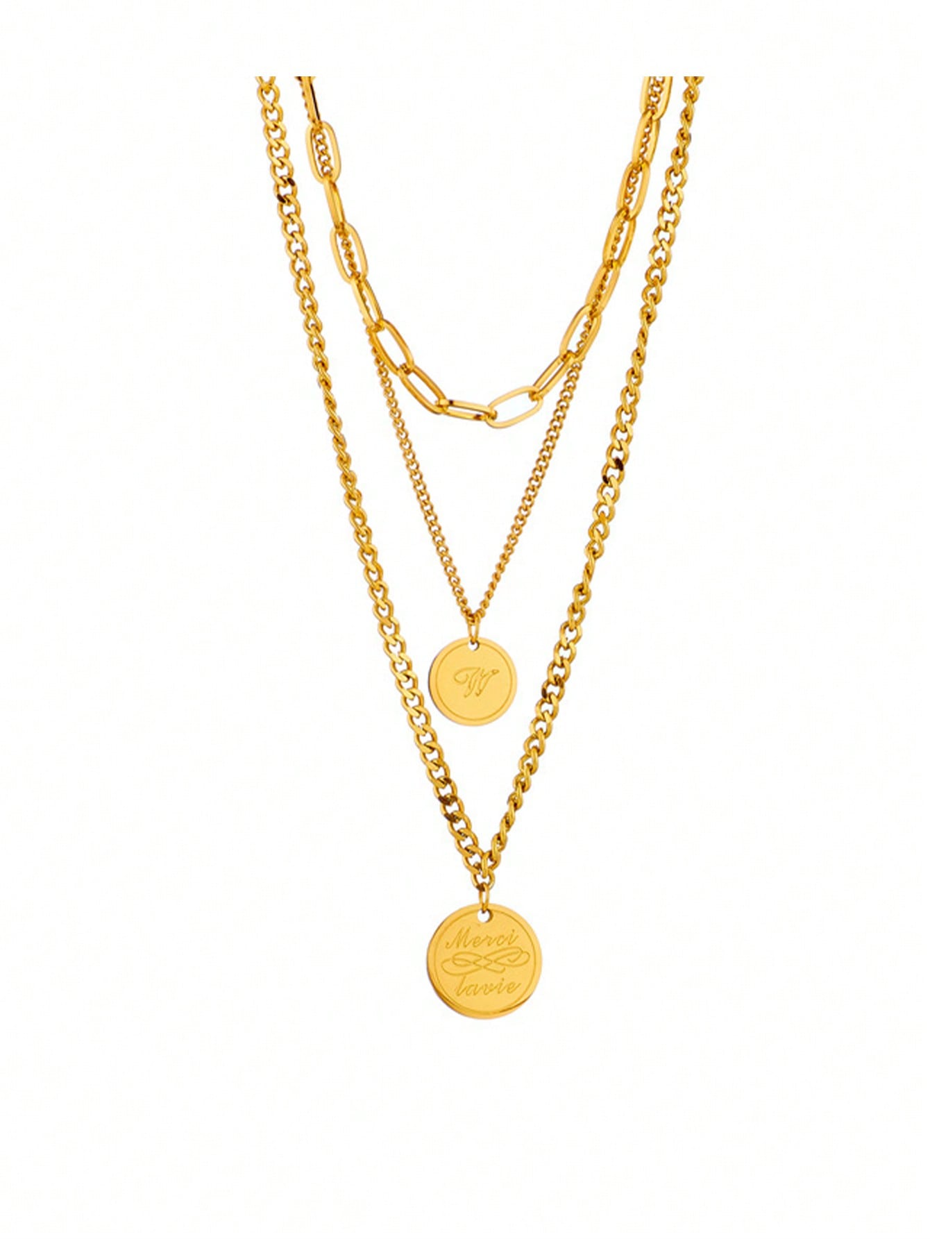 Stainless steel circle necklace with engraved simple multi-layer design and modern retro look, suitable for daily use