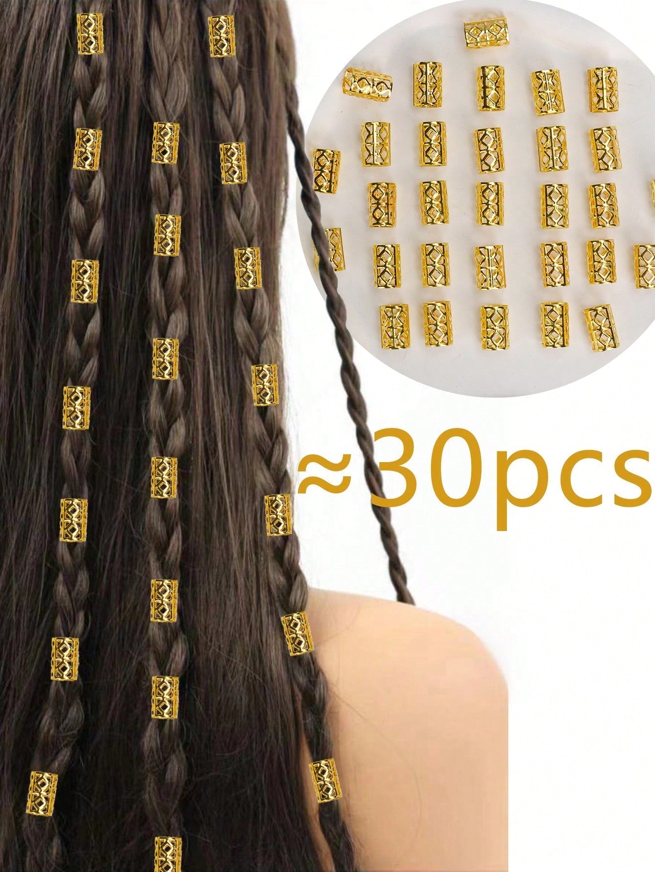 30pcs Gold Metal Bead Chain Hair Accessories Retro Braided Hair Clip for Thirsty Hair Hollow Out Hair Ring