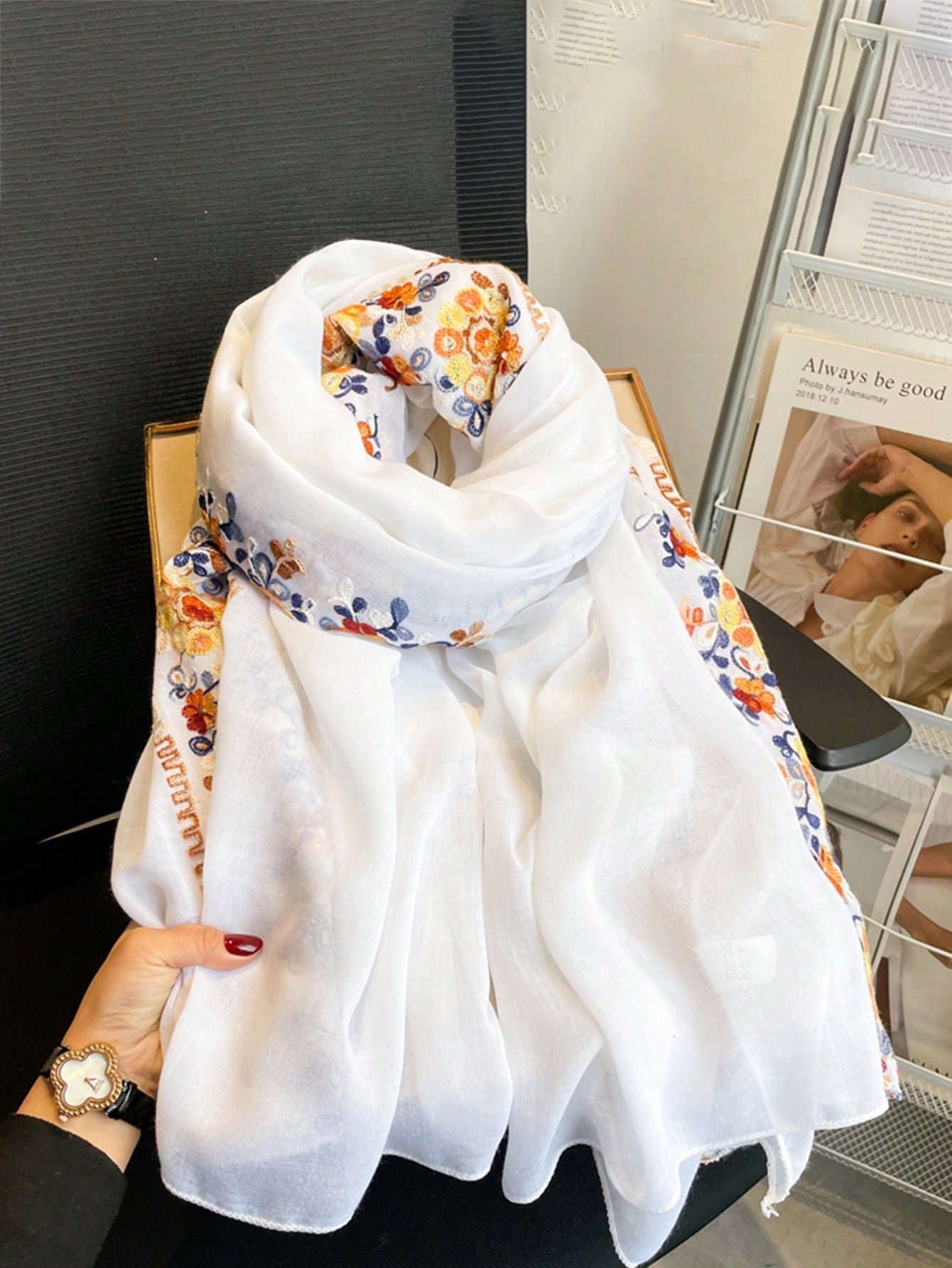 A summer botanical print scarf that is sun-resistant and perfect for desert trips. A delicate beach scarf for women.