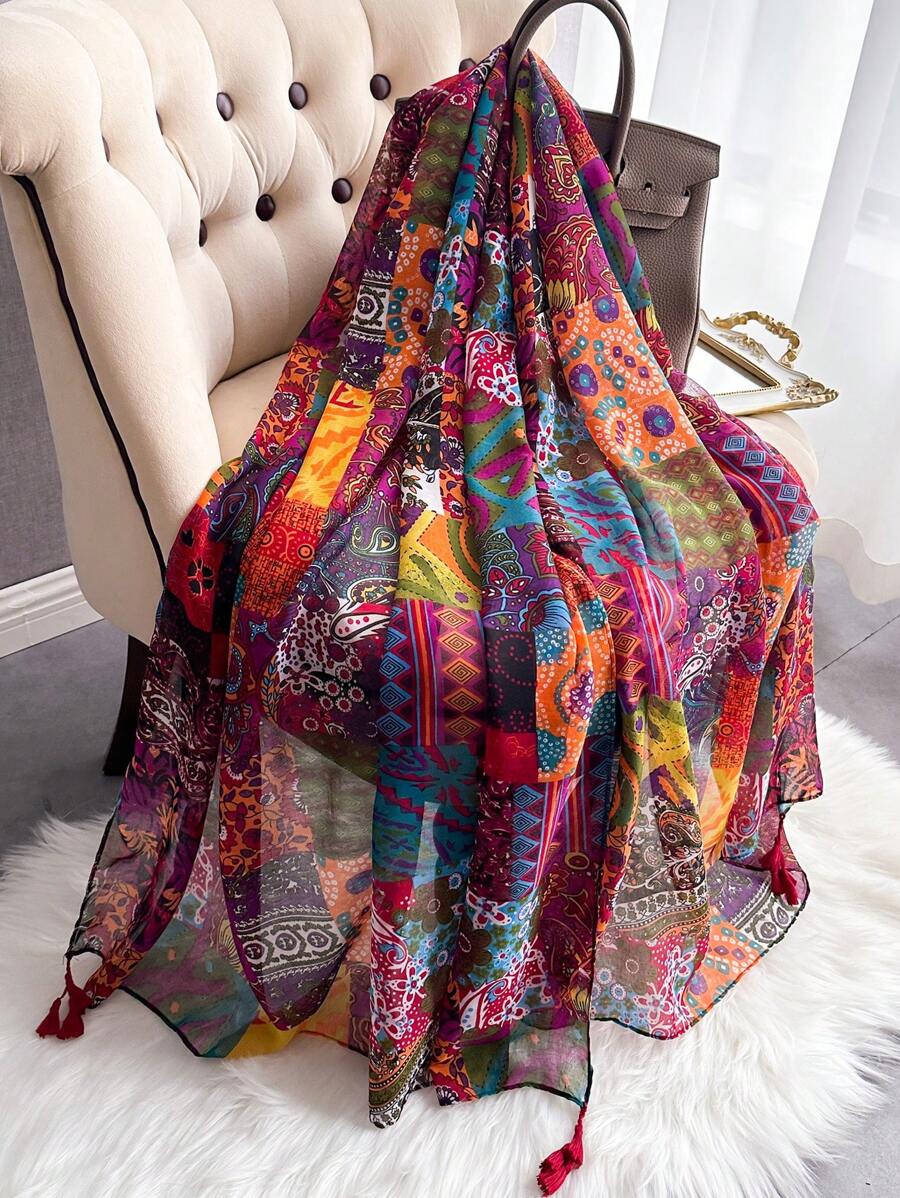 Soft and comfortable women's scarf, lightweight colorful print with tassels, perfect for outdoor and daily use in winter and fall
