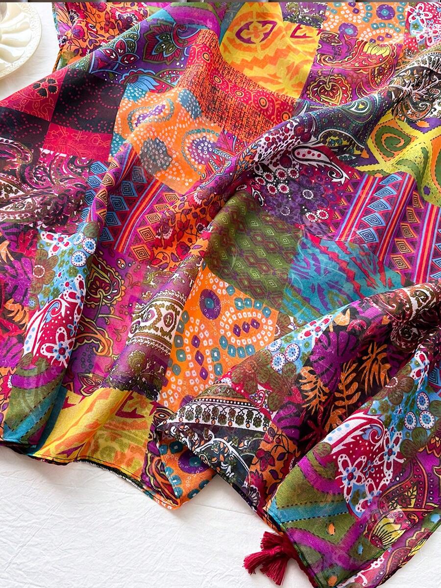 Soft and comfortable women's scarf, lightweight colorful print with tassels, perfect for outdoor and daily use in winter and fall