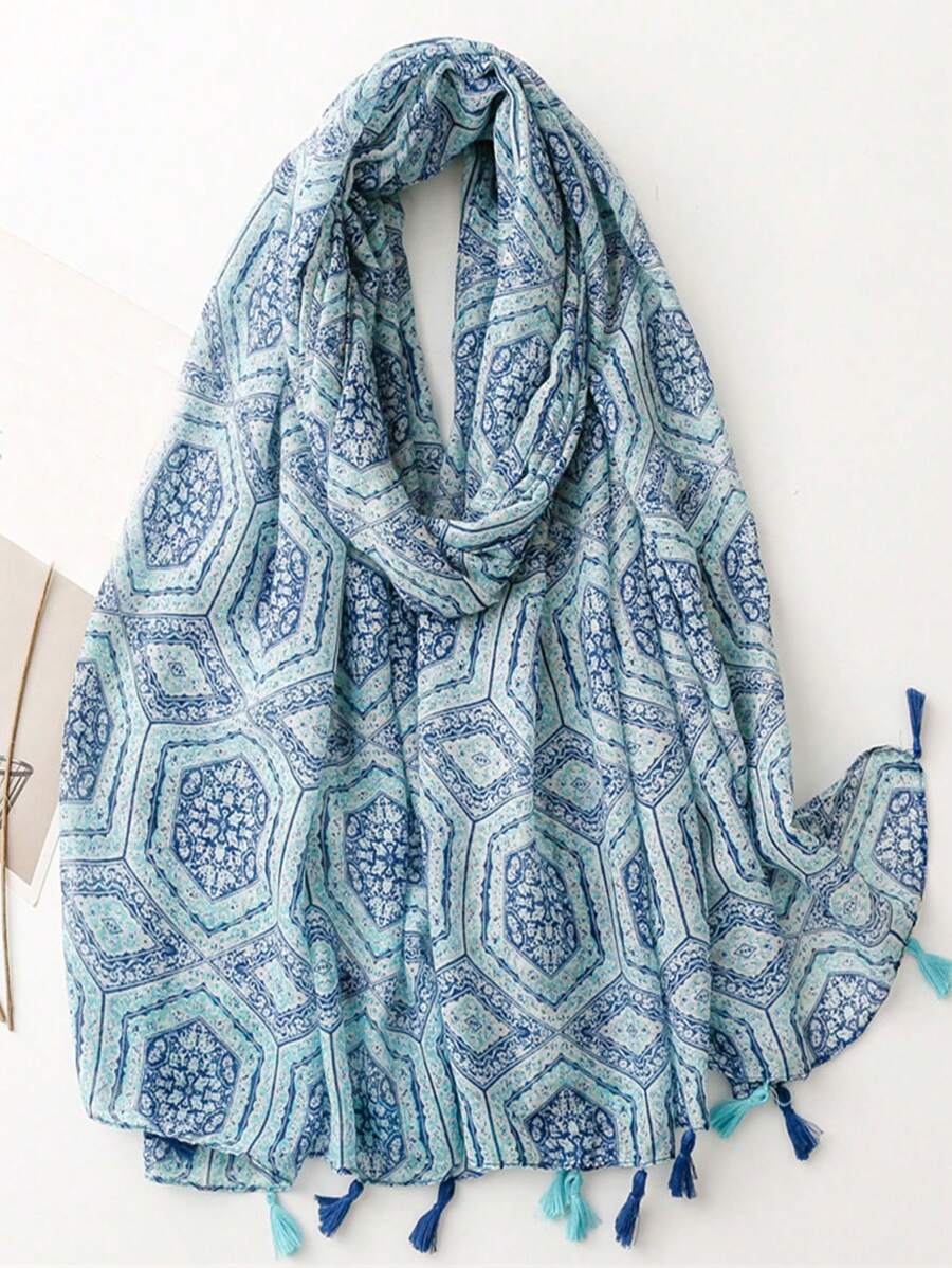 Fashion Beach Accessories for Women, Silk Scarves, Elegant and Simple Print Shawl, Breathable Long Tassel Scarf, Sun Protection for Spring and Summer, Outdoor and Beach, Versatile Head Scarf