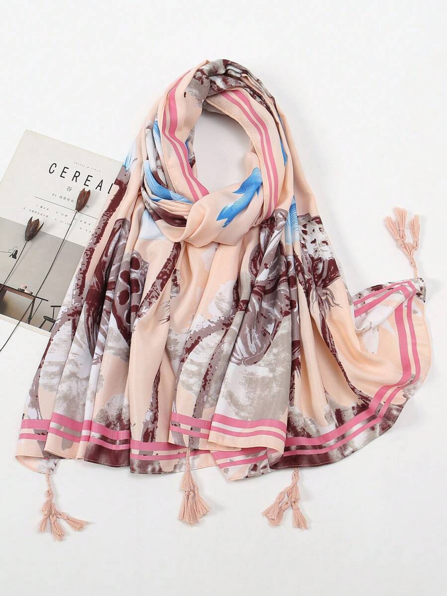 1pc Lightweight Lotus Flower Printed Sun Protection Scarf with Tassel for Travel