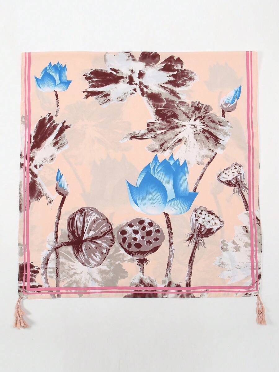 1pc Lightweight Lotus Flower Printed Sun Protection Scarf with Tassel for Travel