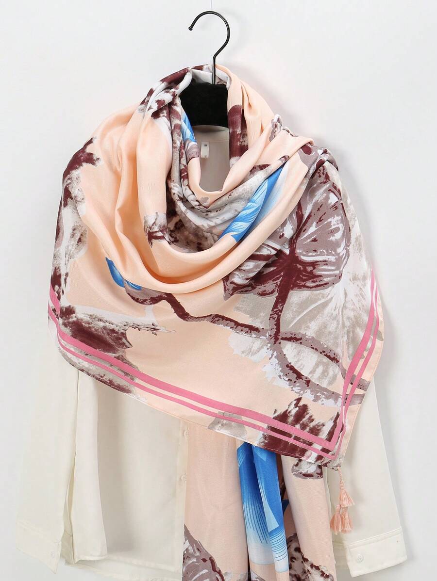 1pc Lightweight Lotus Flower Printed Sun Protection Scarf with Tassel for Travel