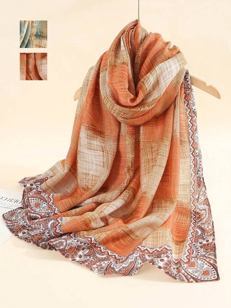 1pc Geometric Pattern Printed Linen Scarf, Made of soft and comfortable material, Scarf