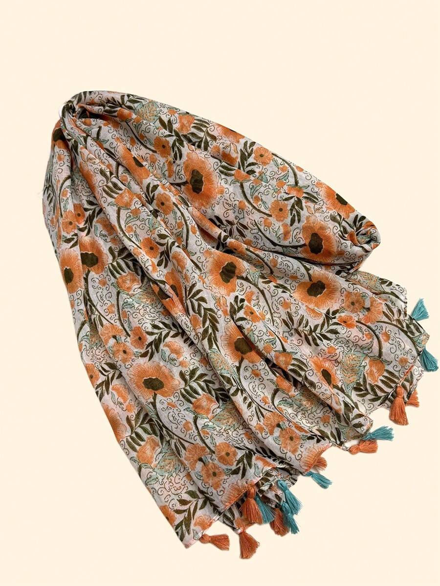 New Breathable Beach Scarf with Tassels, Fashionable Elegant Silk Scarf for Women, Versatile Long Scarf with Vivid Bohemian Print for Outdoor and Beach as a Head Wrap