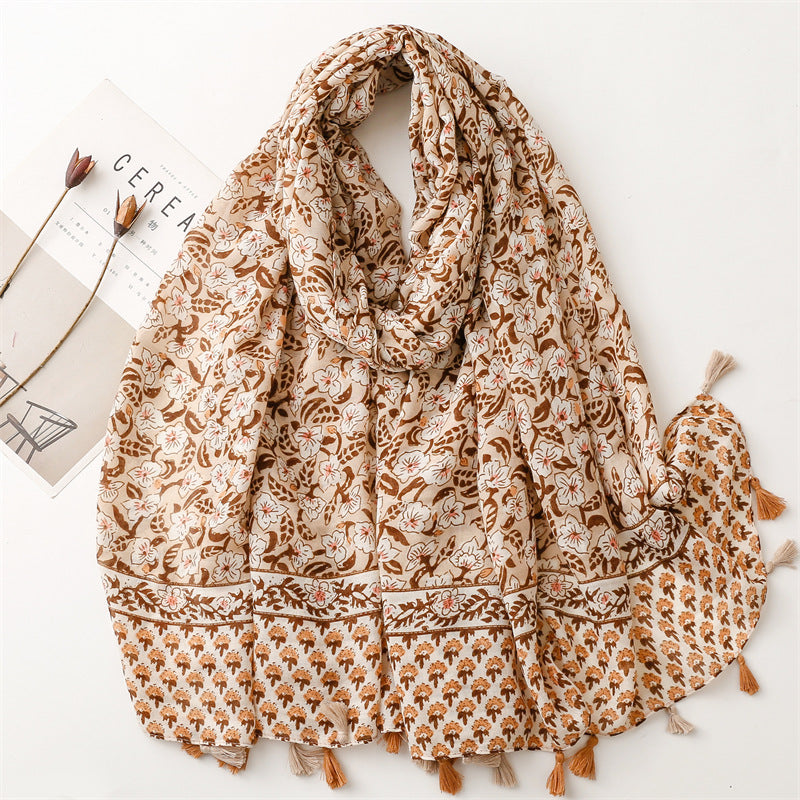 Yitao foreign trade export French cotton and linen feel scarf celebrity style primrose satin cotton soft tassel silk scarf shawl