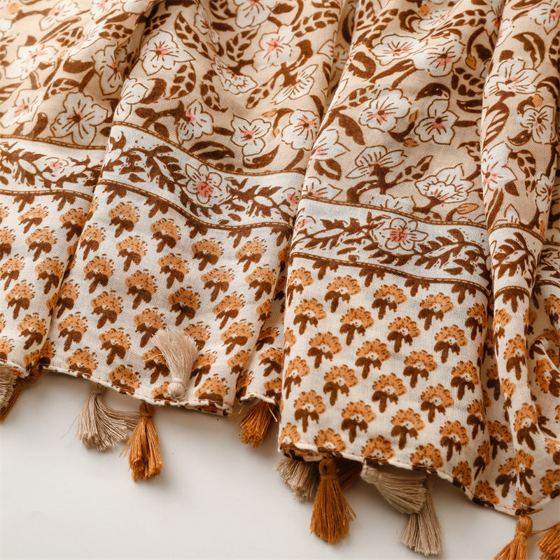 Yitao foreign trade export French cotton and linen feel scarf celebrity style primrose satin cotton soft tassel silk scarf shawl