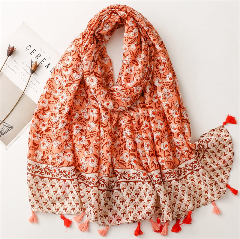 Yitao foreign trade export French cotton and linen feel scarf celebrity style primrose satin cotton soft tassel silk scarf shawl