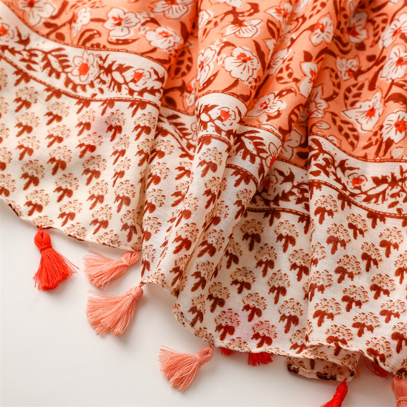 Yitao foreign trade export French cotton and linen feel scarf celebrity style primrose satin cotton soft tassel silk scarf shawl