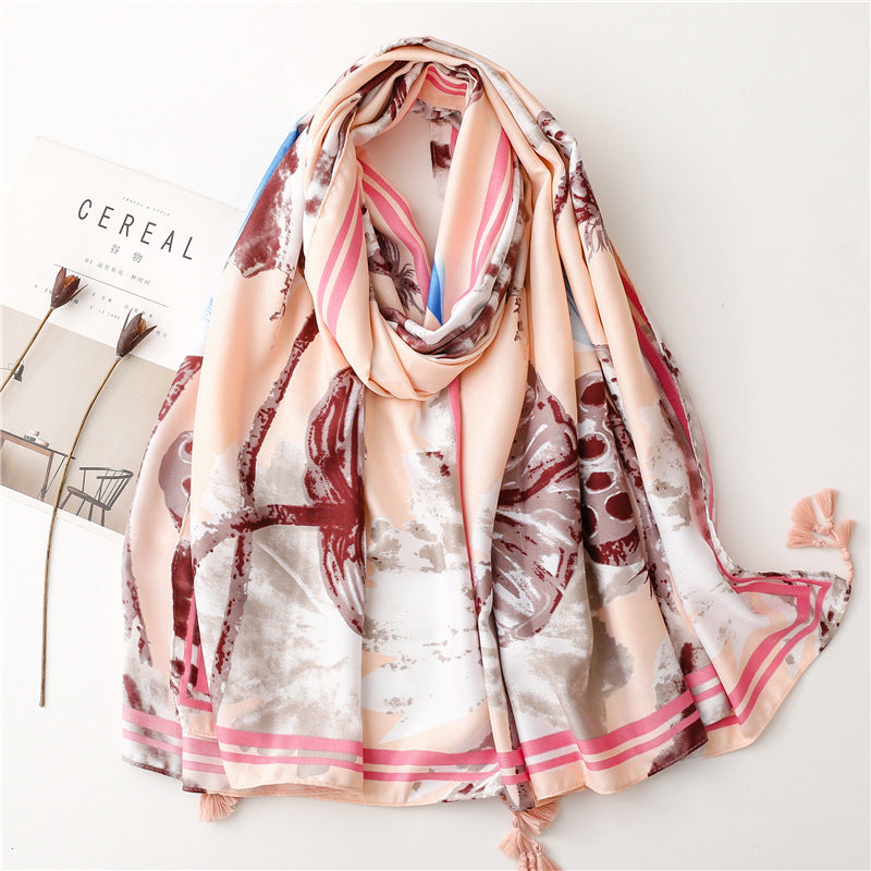 1pc Lightweight Lotus Flower Printed Sun Protection Scarf with Tassel for Travel