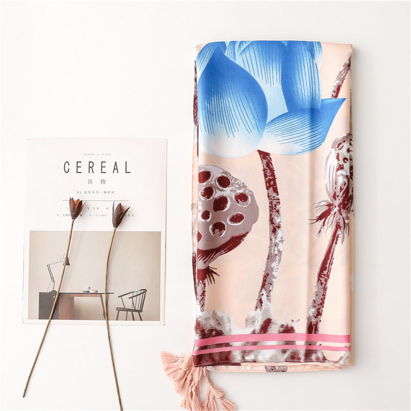 1pc Lightweight Lotus Flower Printed Sun Protection Scarf with Tassel for Travel