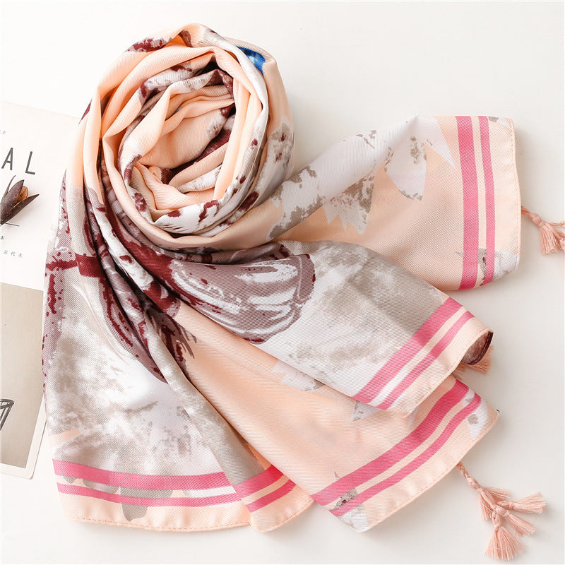 1pc Lightweight Lotus Flower Printed Sun Protection Scarf with Tassel for Travel