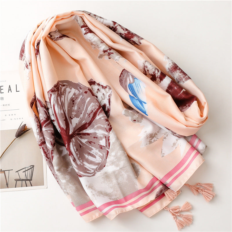 1pc Lightweight Lotus Flower Printed Sun Protection Scarf with Tassel for Travel