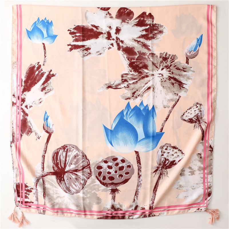 1pc Lightweight Lotus Flower Printed Sun Protection Scarf with Tassel for Travel