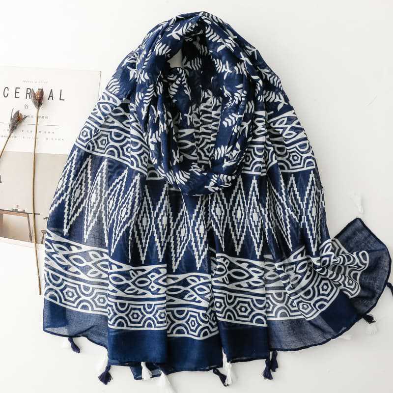 Women's scarf cross-border export silk scarf spring and summer ethnic style blue and white blue and white porcelain ripple geometric Bali yarn tassel shawl