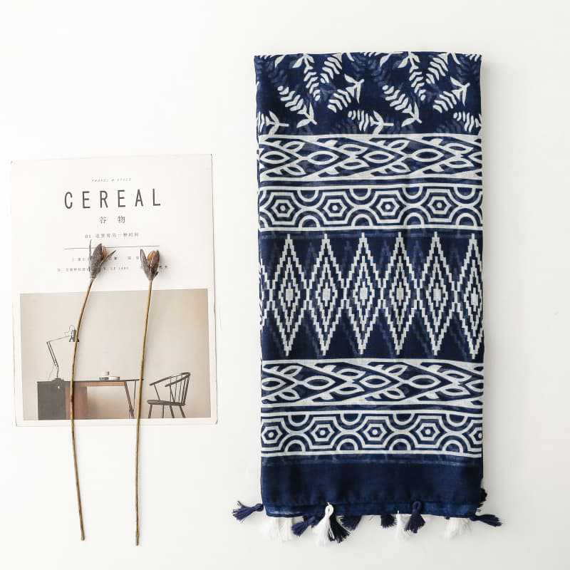 Women's scarf cross-border export silk scarf spring and summer ethnic style blue and white blue and white porcelain ripple geometric Bali yarn tassel shawl