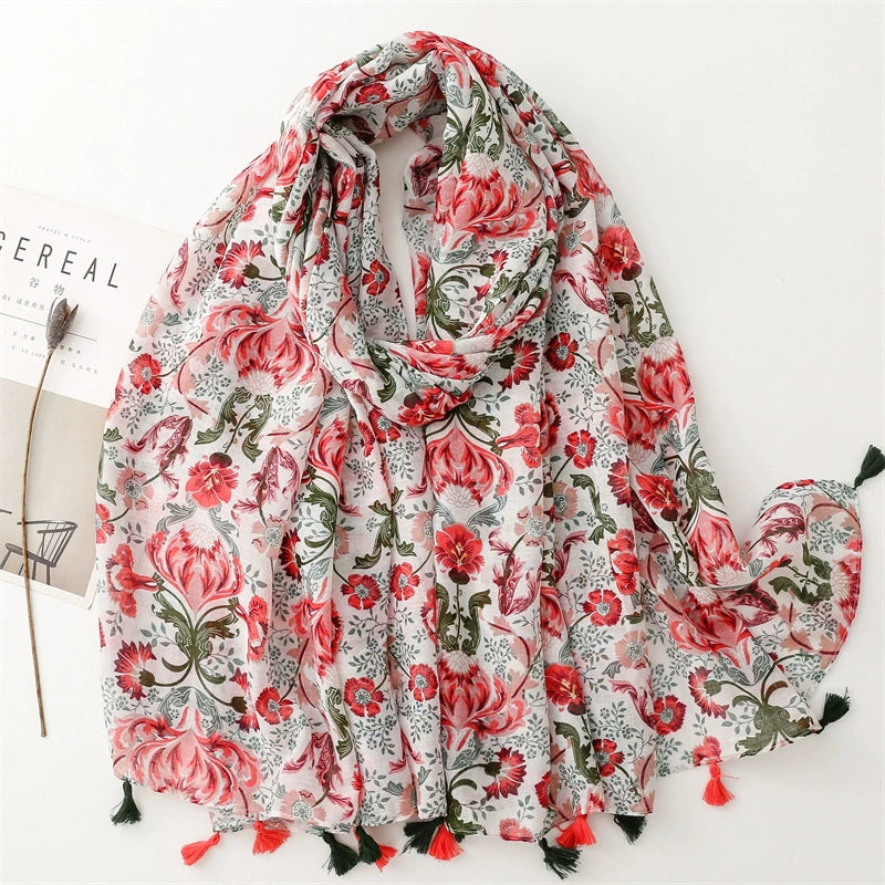 Yitao scarf cotton and linen feel Bali yarn thin spring and summer red and green color matching flowers fresh and sweet fashion shawl women