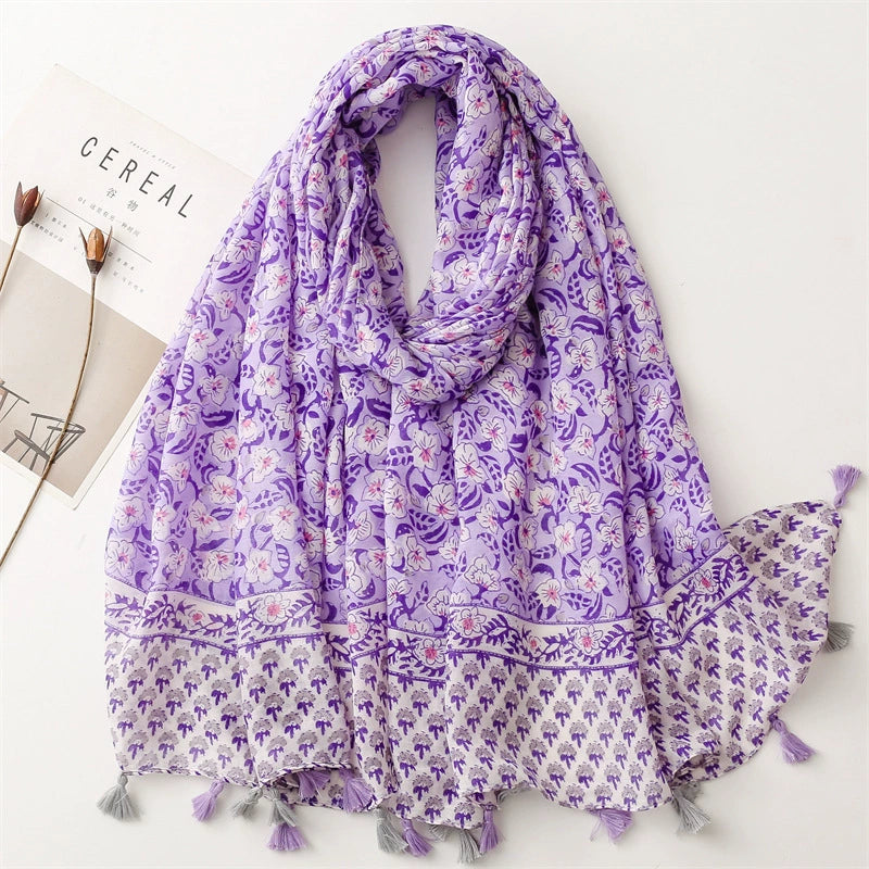 Yitao foreign trade export French cotton and linen feel scarf celebrity style primrose satin cotton soft tassel silk scarf shawl