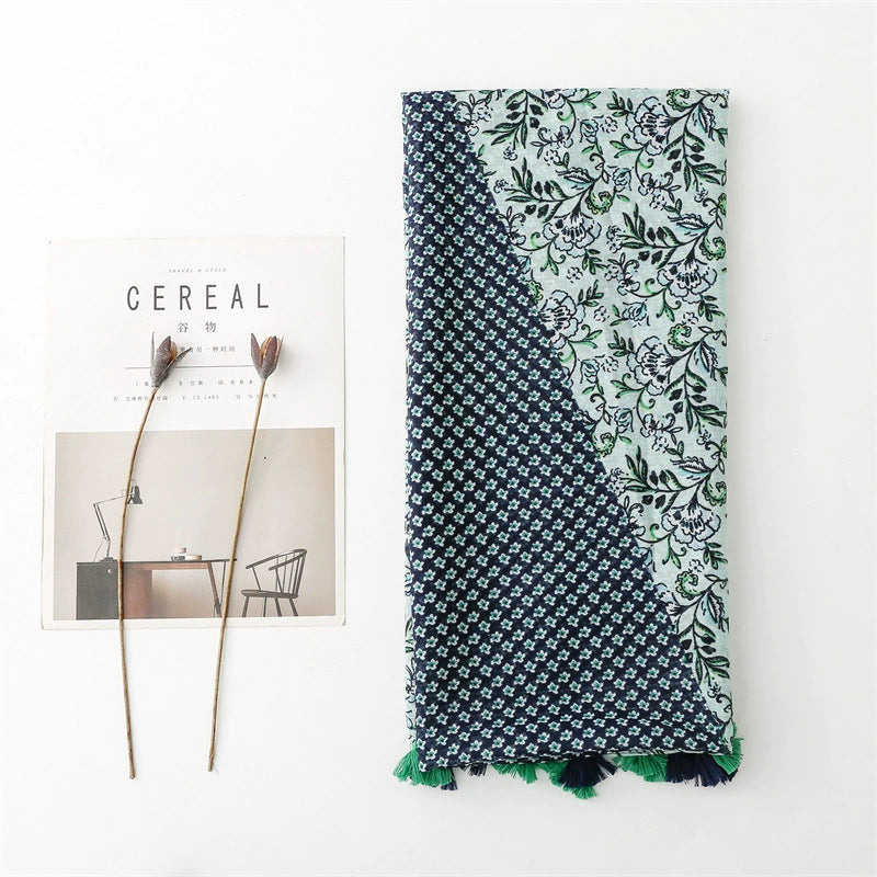 Yitao foreign trade export cotton and linen scarf small fresh green contrast color small floral tassel silk scarf shawl women