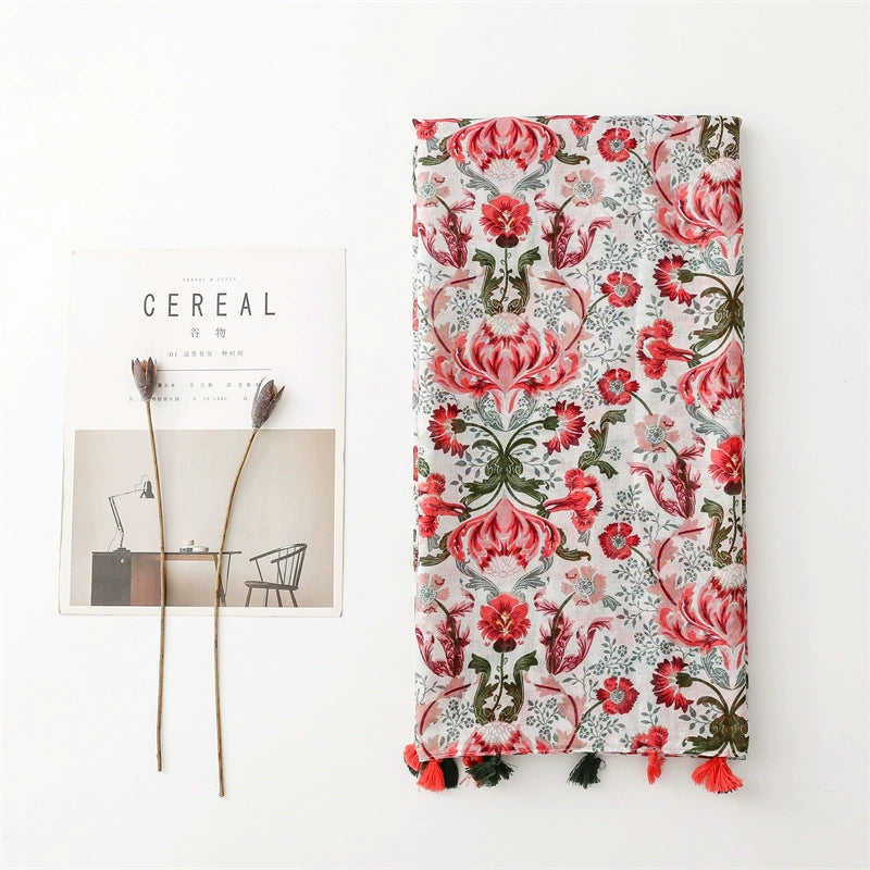 Yitao scarf cotton and linen feel Bali yarn thin spring and summer red and green color matching flowers fresh and sweet fashion shawl women