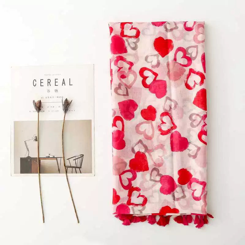 Women's scarf foreign trade cross-border export thin silk scarf spring and summer new red love heart Bali yarn tassel shawl
