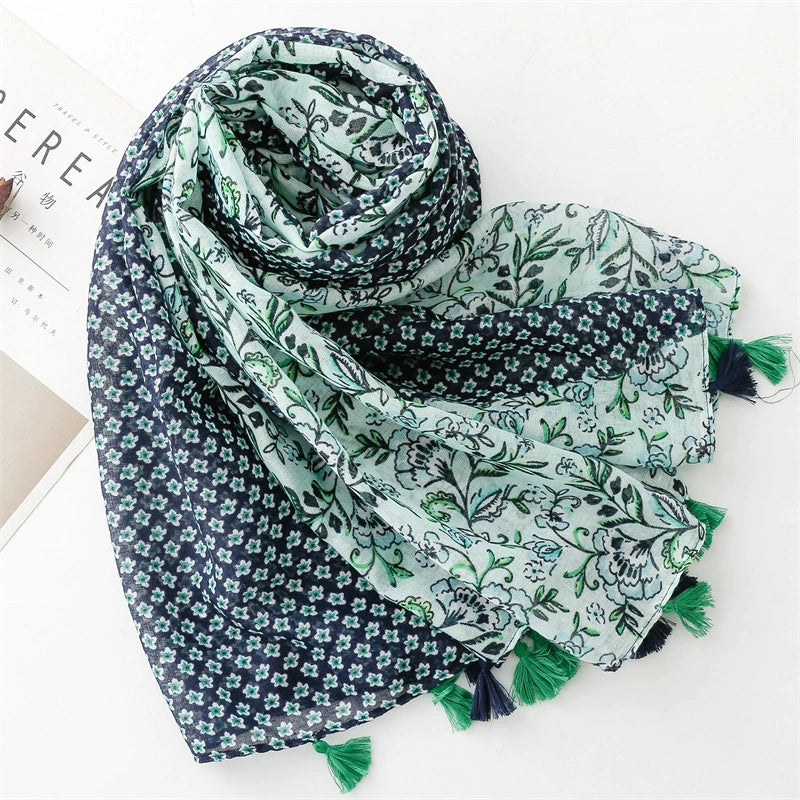Yitao foreign trade export cotton and linen scarf small fresh green contrast color small floral tassel silk scarf shawl women