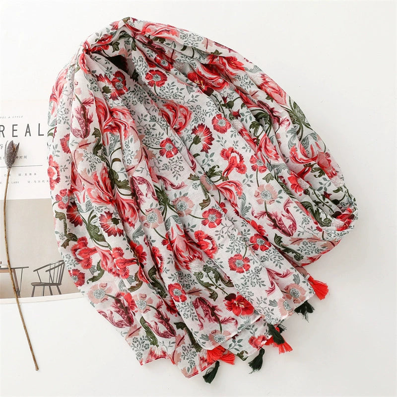 Yitao scarf cotton and linen feel Bali yarn thin spring and summer red and green color matching flowers fresh and sweet fashion shawl women