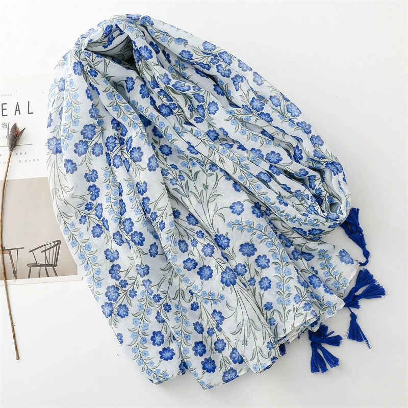 Traditional Chinese clothing with cotton and linen scarf, retro literary and artistic ethnic style flower Bali silk scarf, travel shawl