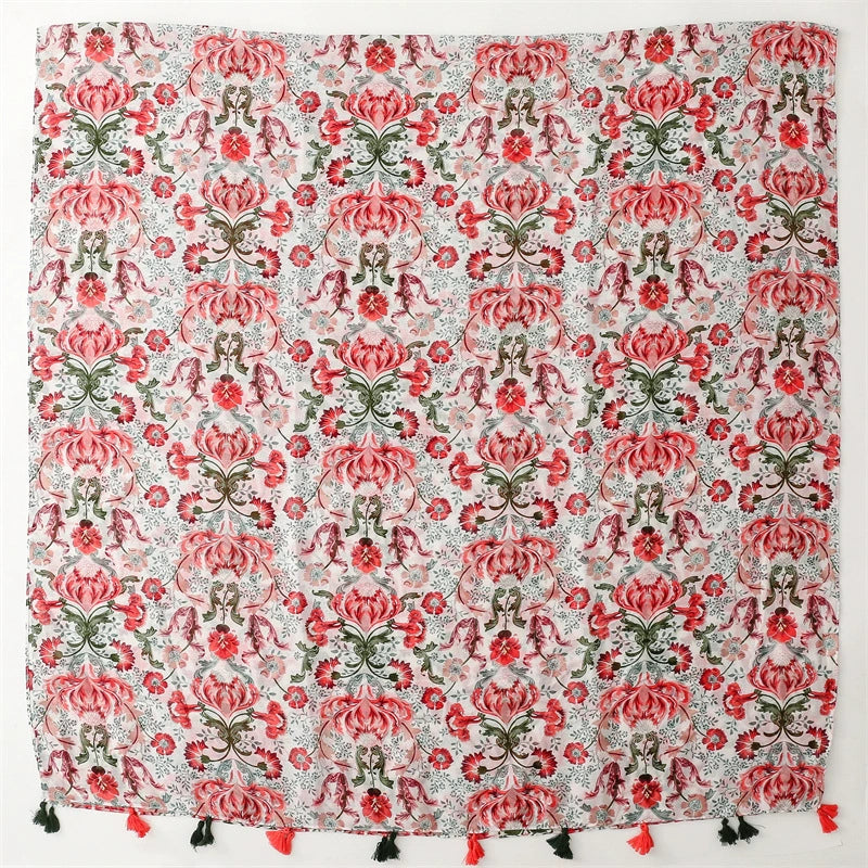 Yitao scarf cotton and linen feel Bali yarn thin spring and summer red and green color matching flowers fresh and sweet fashion shawl women
