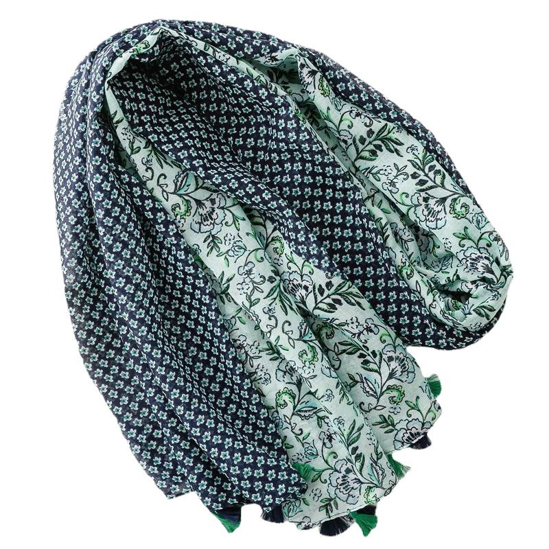 Yitao foreign trade export cotton and linen scarf small fresh green contrast color small floral tassel silk scarf shawl women