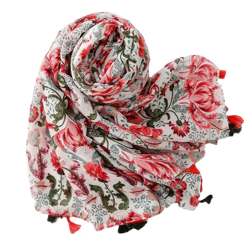 Yitao scarf cotton and linen feel Bali yarn thin spring and summer red and green color matching flowers fresh and sweet fashion shawl women