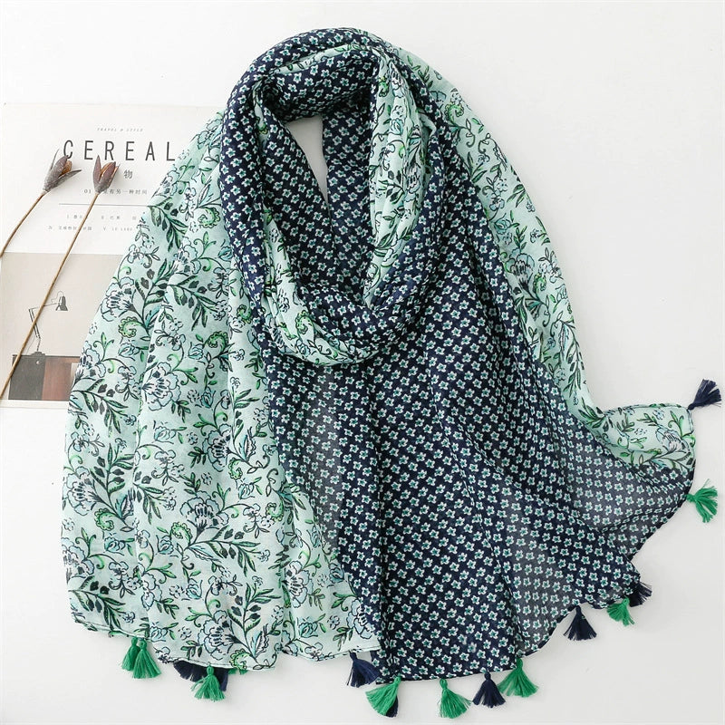 Yitao foreign trade export cotton and linen scarf small fresh green contrast color small floral tassel silk scarf shawl women