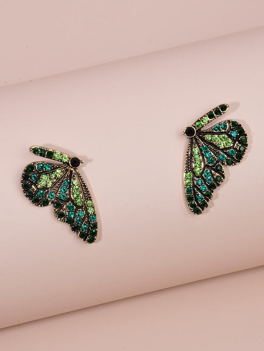 Green rhinestone butterfly earrings