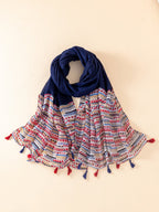 Boho scarf with mixed color ribbons and tassels, suitable for casual weekend