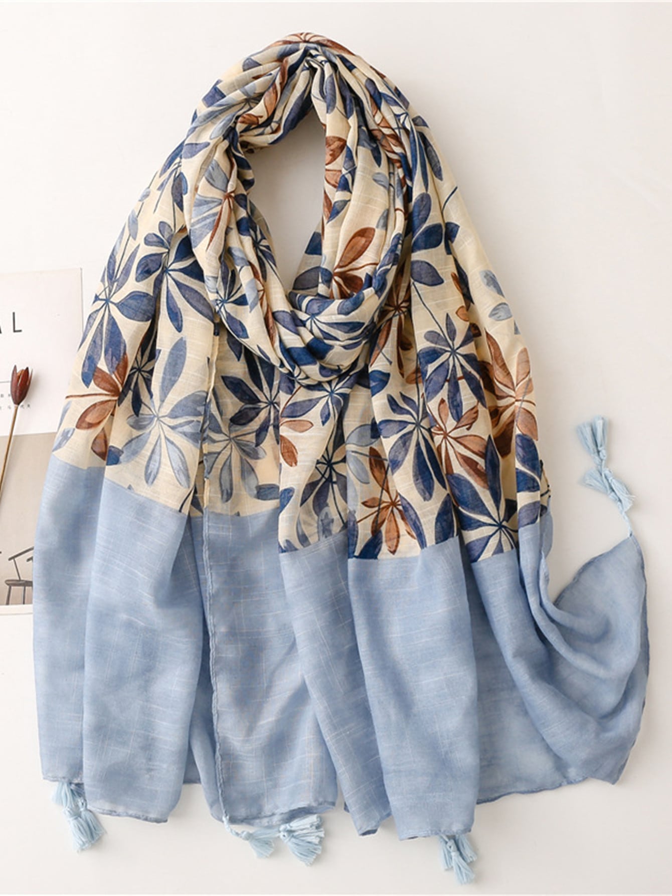 Silk rose with ruffled hem and botanical print, elegant