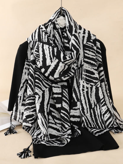 Zebra stripe print scarf with tassel trim