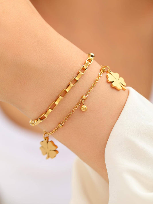 Trendy Stainless Steel Bracelets Fine Bell Clover Pendant Beads Layer Chain Fashion Bracelet for Women Jewelry Festival Gifts