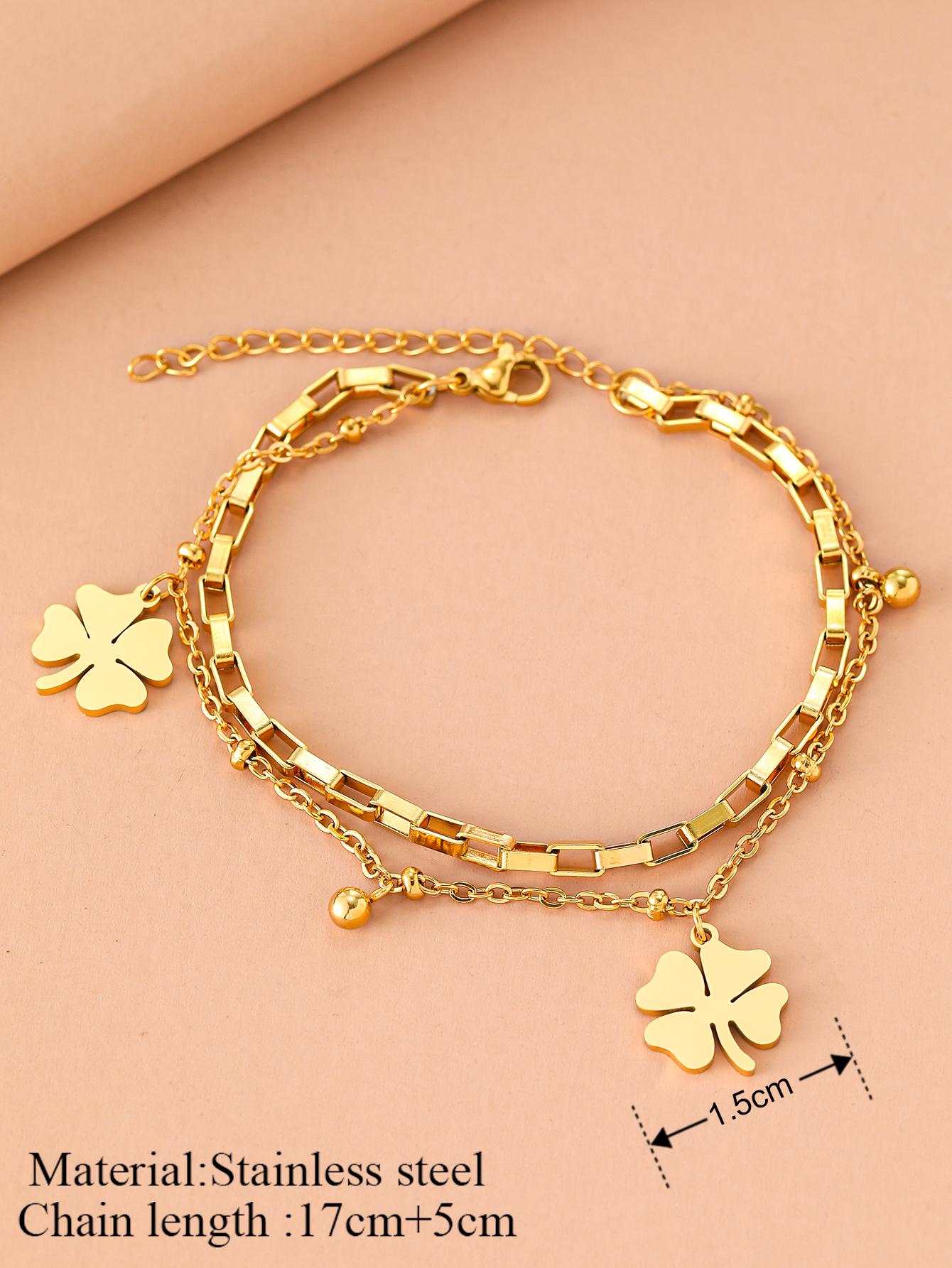 Fashion Stainless Steel Bracelets Fine Bell Clover Pendant Beads Layer Chain Bracelet Fashion Women Jewelry Festival Gifts