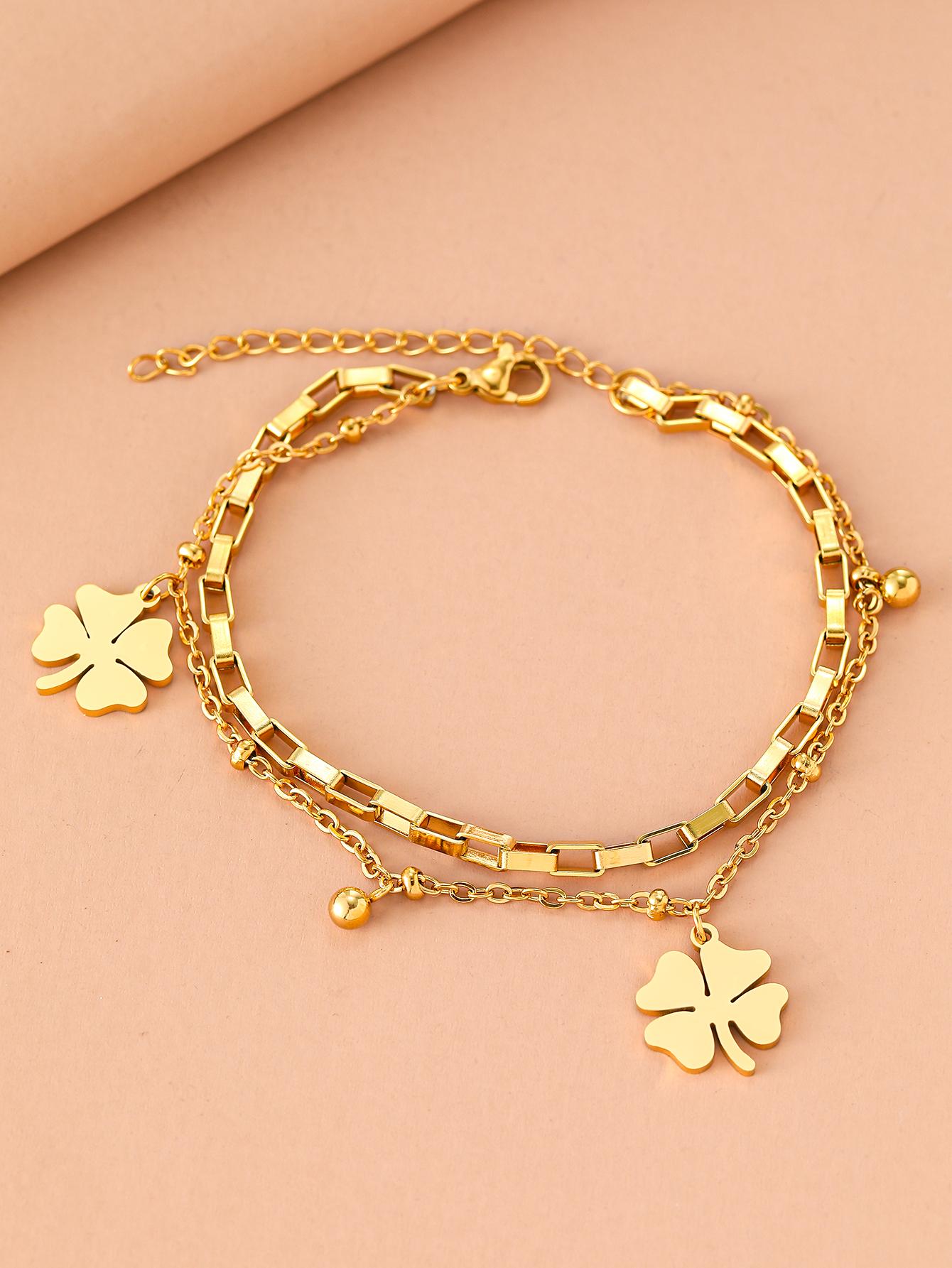 Fashion Stainless Steel Bracelets Fine Bell Clover Pendant Beads Layer Chain Bracelet Fashion Women Jewelry Festival Gifts