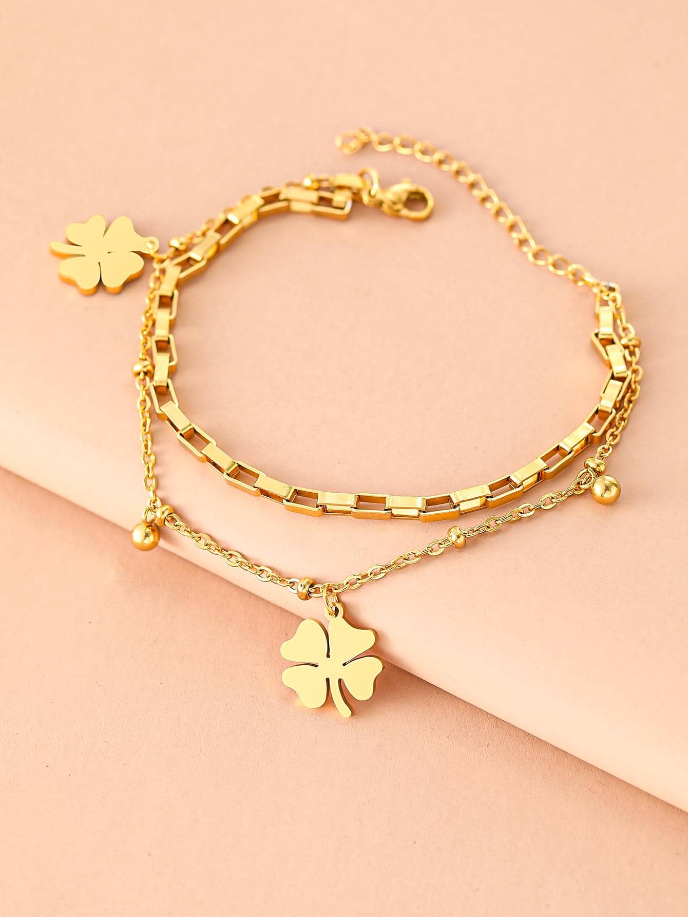 Fashion Stainless Steel Bracelets Fine Bell Clover Pendant Beads Layer Chain Bracelet Fashion Women Jewelry Festival Gifts